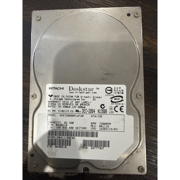 Hitachi Deskstar HDS728080PLAT20 80GB Internal 7200RPM 3.5" (0A30210) HDD - Picture 1 of 2